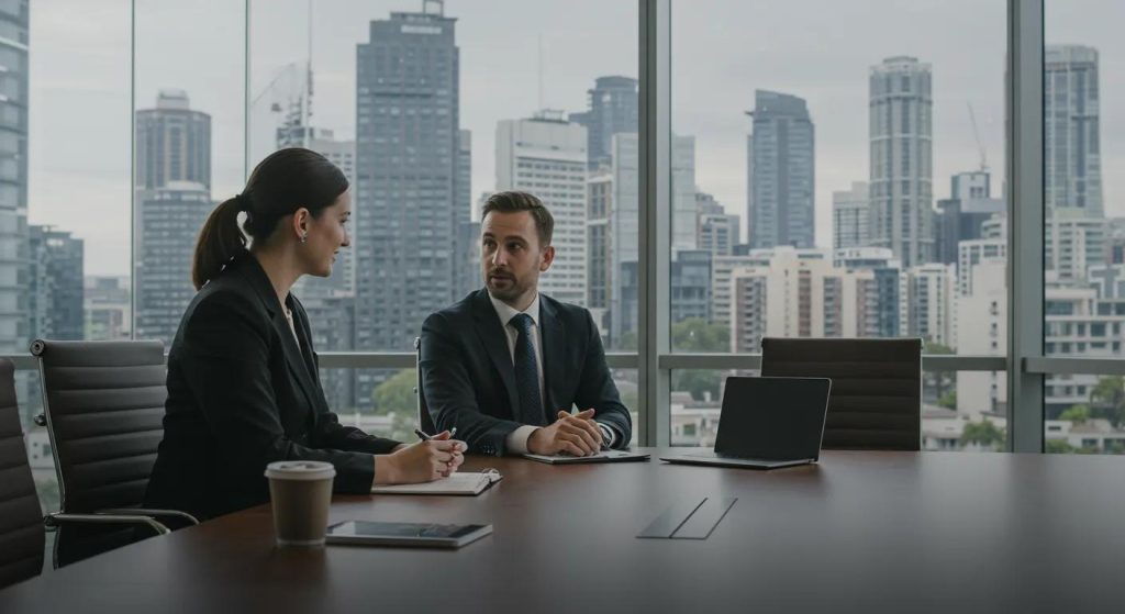 a dynamic sydney office scene features a confident buyers agent engaging with clients at a sleek conference table, with a backdrop of iconic city skyscrapers visible through large panoramic windows.