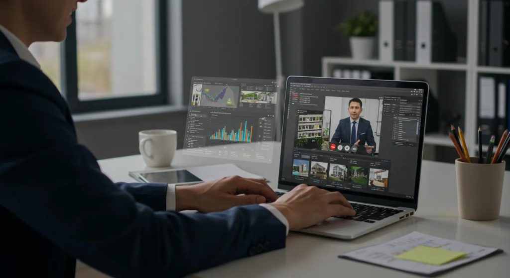 a confident individual seated at a sleek, modern desk in a stylish office is engaged in an animated video call with a real estate advisor, surrounded by detailed property listings and investment market analysis displayed on their laptop screen.