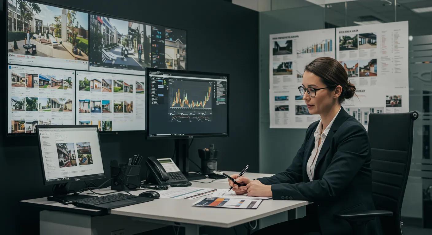 a sharp, modern office setting in sydney features a professional buyer’s agent consulting with a client over a sleek desk, surrounded by vibrant property listings and digital market analysis on a large screen, embodying the efficiency and expertise they bring to the home-buying process.