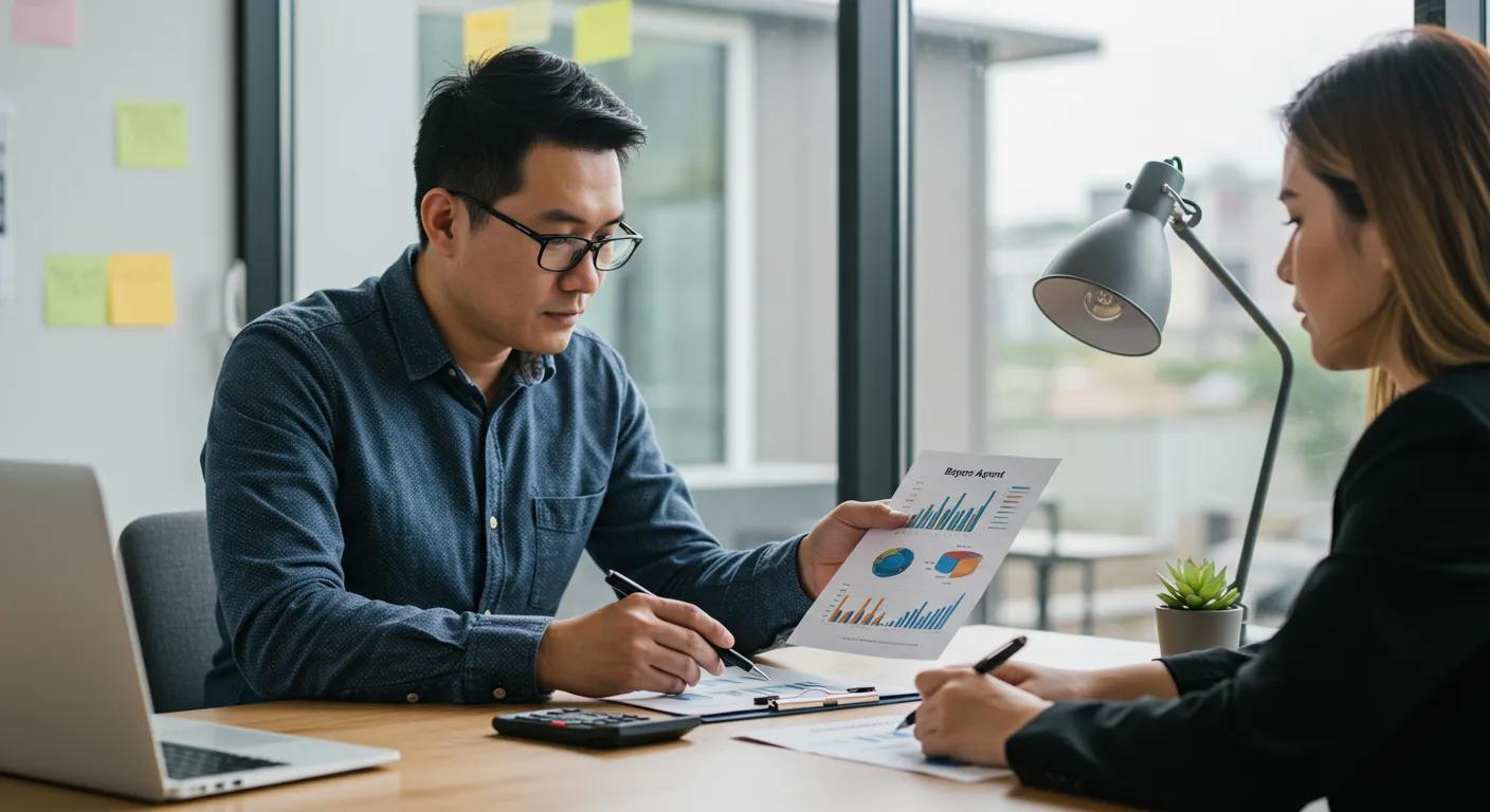 a modern office setting features a focused buyers agent presenting insightful graphs and charts to a client, highlighting the financial benefits and cost breakdowns of hiring a professional for property negotiations.