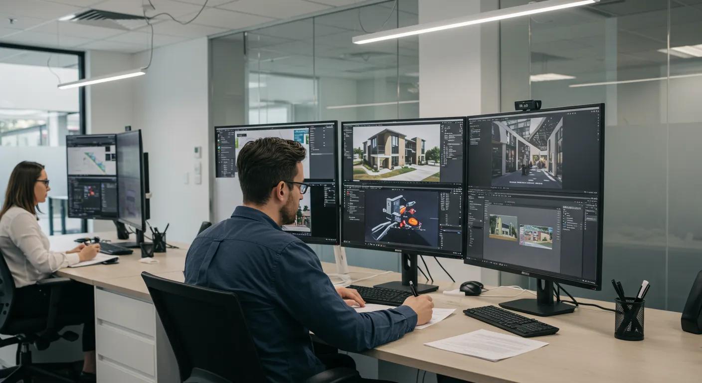 a modern, sleek office space featuring a focused buyers agent engaged in a digital property search on multiple screens, showcasing organised paperwork and efficiency tools that epitomise time-saving strategies for clients.