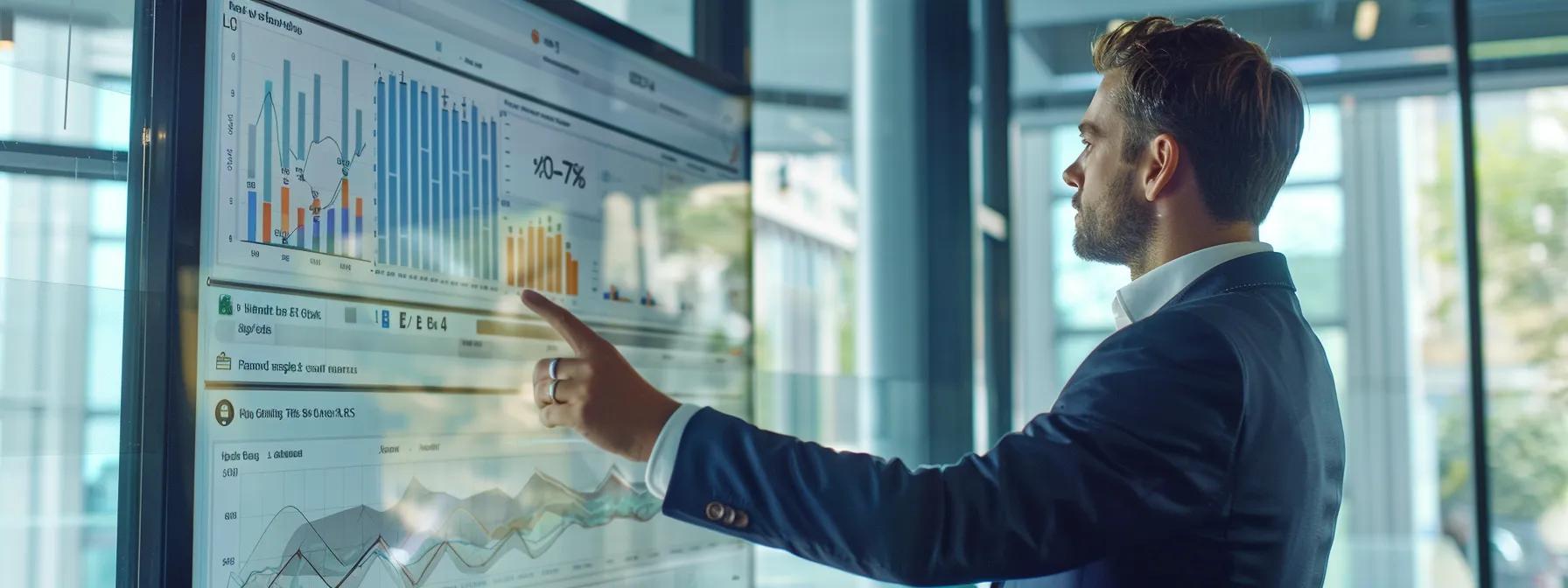 a confident buyers' agent in a sleek urban office space presents a detailed market analysis on a modern touchscreen display, showcasing graphs and recent sale data that illustrate strategic negotiation tactics for securing the best property price.