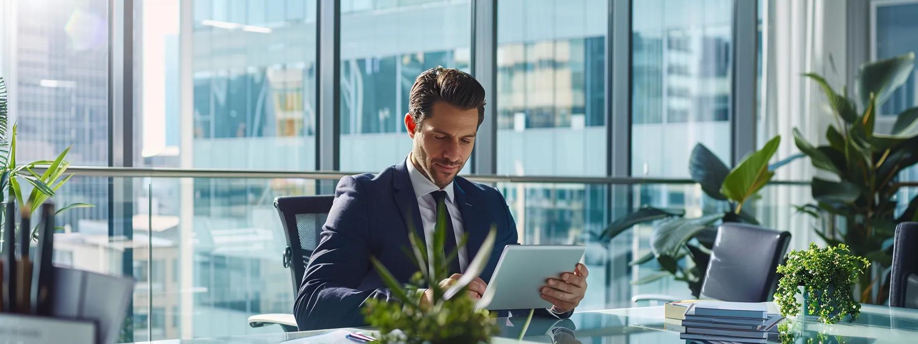 a confident property agent in a sleek, modern office, engaging with clients over a digital tablet, surrounded by vibrant visuals of luxury homes and cityscapes, emphasising expertise and personalised service in property buying.