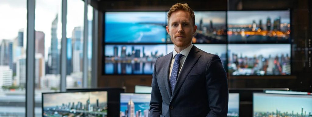 a focused melbourne buyers agent stands confidently in a modern, sleek office filled with property listings displayed prominently on digital screens, embodying expertise and dedication to helping clients find their ideal home.
