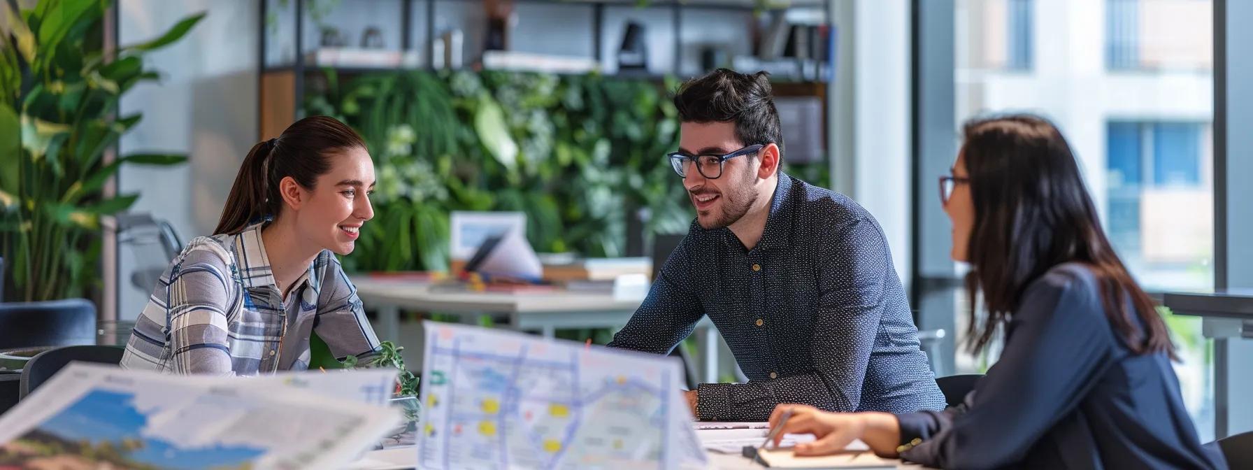 a focused, professional brisbane buyers agent engages with clients in a contemporary office adorned with property plans and city maps, showcasing their expertise in navigating the vibrant local real estate market.
