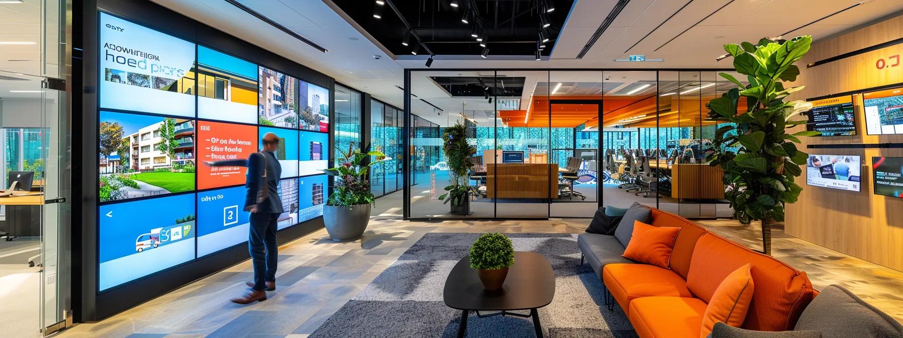 a modern office interior, featuring a confident individual engaging with a digital property display on a sleek touchscreen, surrounded by vibrant graphics showcasing various sydney homes, symbolising the comprehensive support sydney home finders provides to buyers throughout their journey.