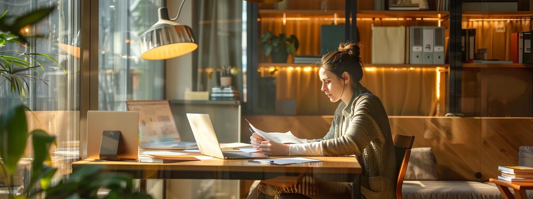 a modern office setting featuring a focused professional engaged in a video call, surrounded by documents and a laptop, illustrating the essence of collaborative communication and support in the property buying process.