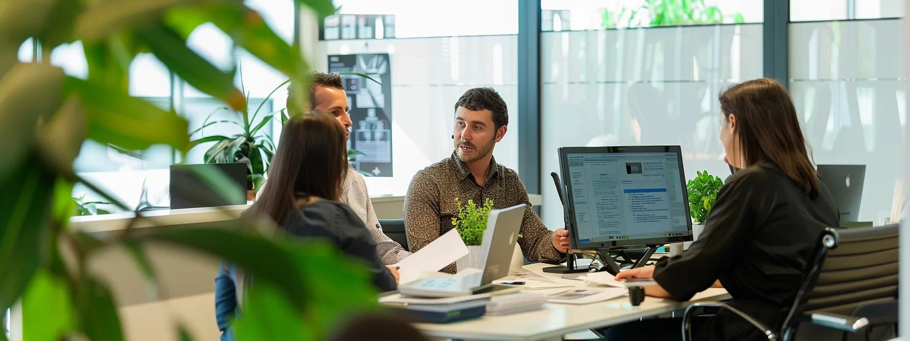 a modern office setting in brisbane, featuring a professional buyers agent engaged in a detailed consultation with a couple, surrounded by documents and a digital display showcasing property listings and transparent fee structures.