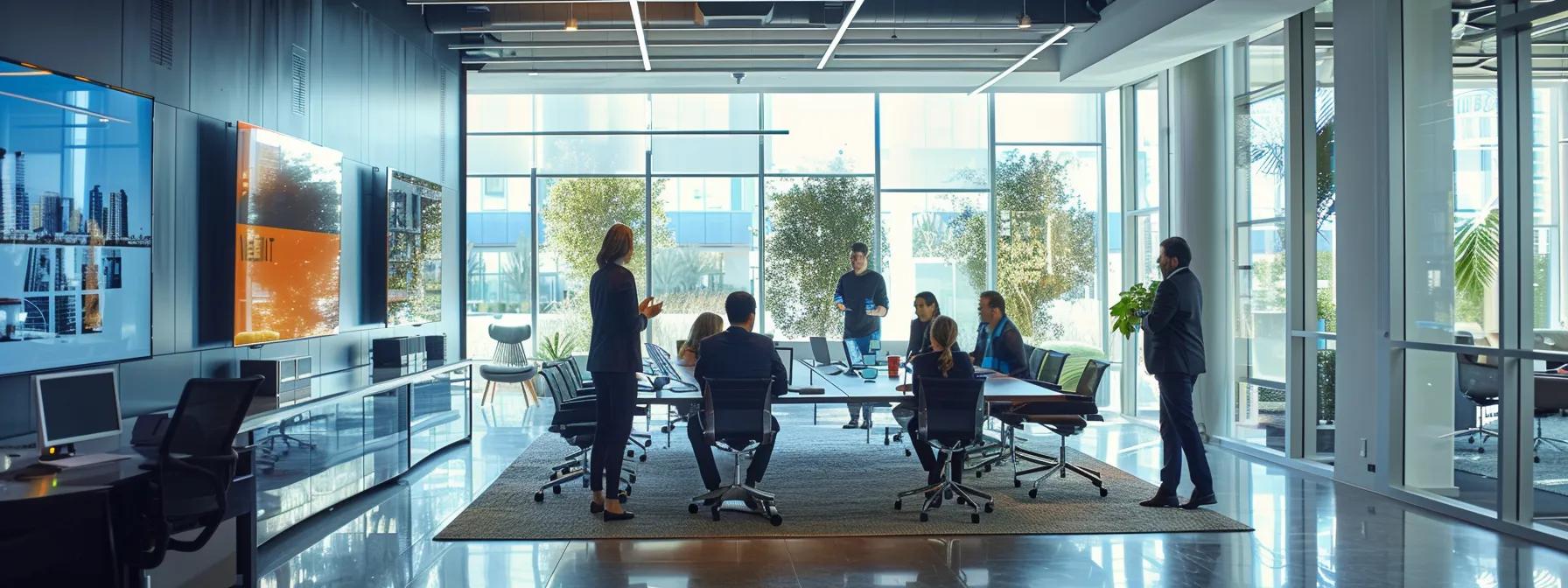 a modern real estate office is bustling with activity, featuring professionals engaged in discussions over a sleek conference table, surrounded by vibrant property listings displayed on digital screens.