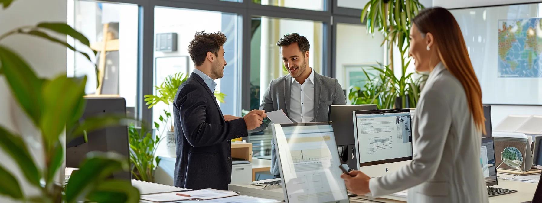 a professional and engaging office environment showcases a knowledgeable buyers agent confidently presenting a property buying strategy to clients, with documents and digital devices prominently displayed, emphasising a seamless and collaborative transaction process.