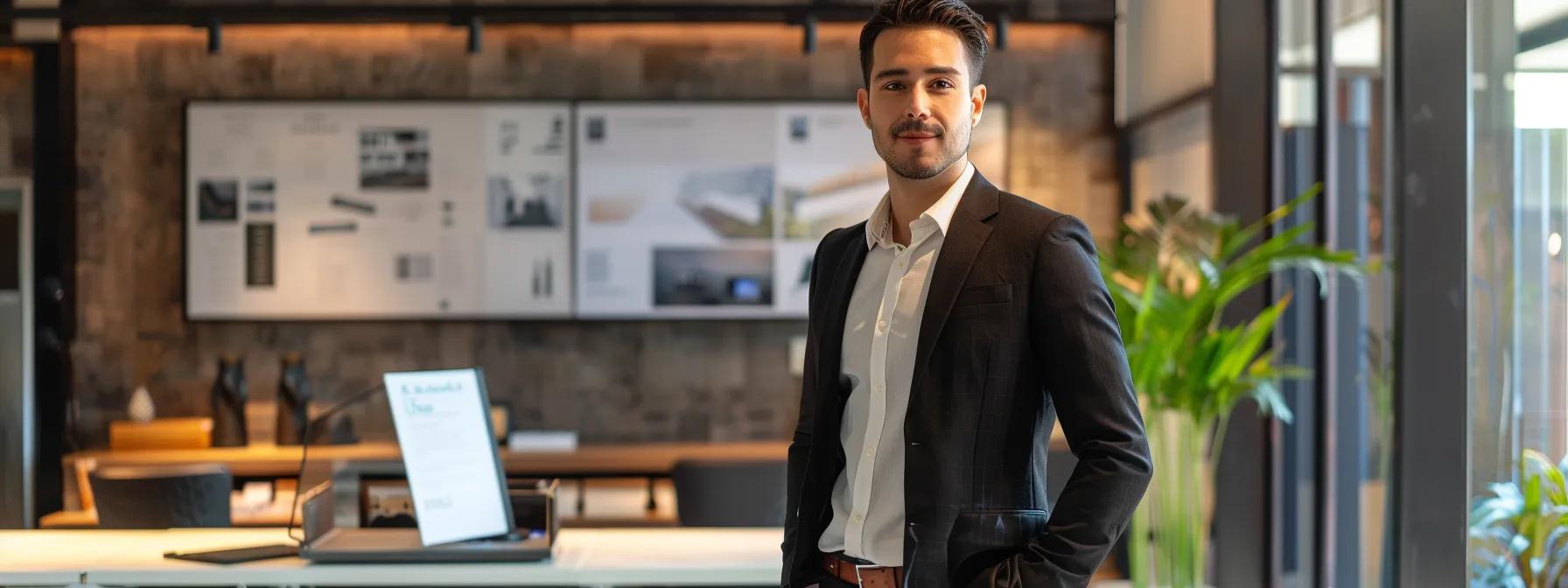 a professional brisbane buyers agent stands confidently in a modern office, surrounded by sleek property brochures and an interactive digital display, while engaging with clients in a structured consultation about the home-buying process.