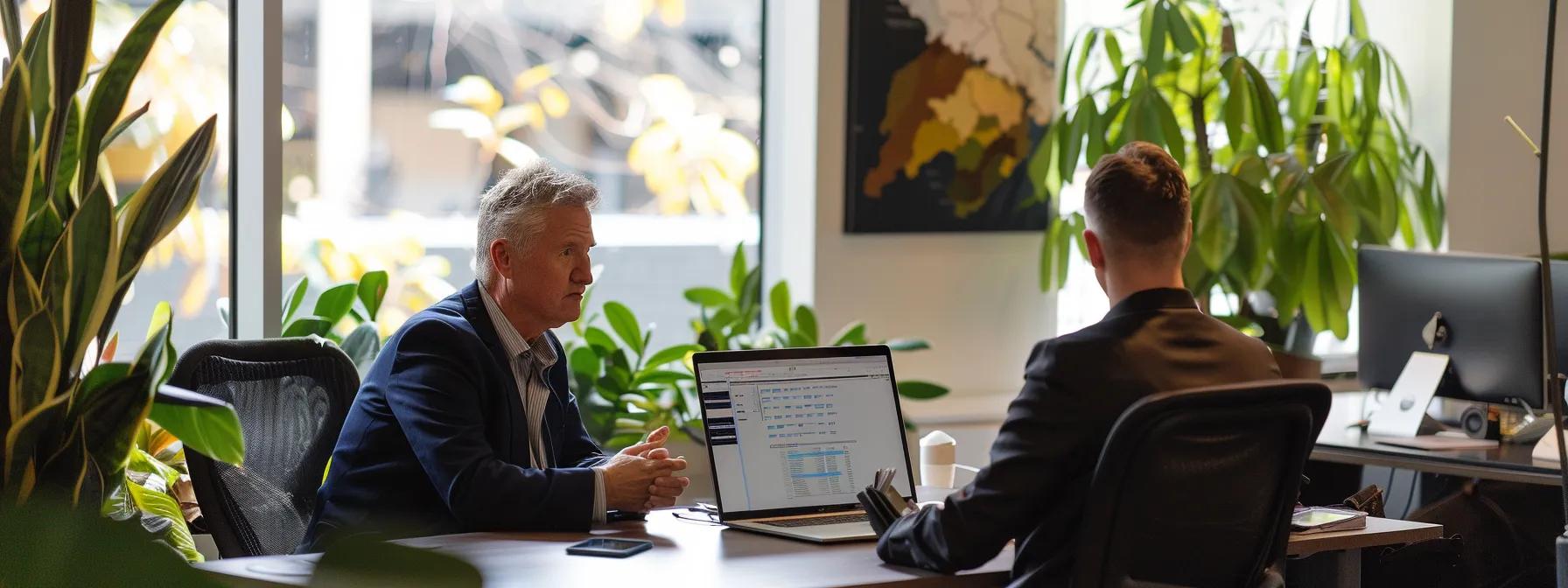 a professional brisbane office setting, featuring a focused buyer's agent discussing property options with a client using sleek digital devices, embodying tailored service and expertise in the property market.