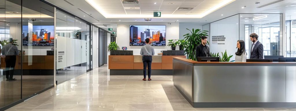 a professional buyers' agent confidently guides clients through an elegant, modern office adorned with property listings and digital displays, emphasising their expertise in navigating the australian real estate market.
