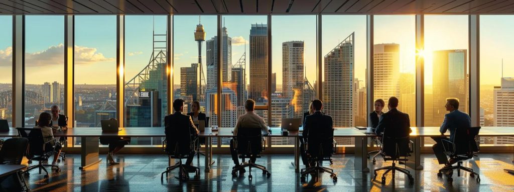 a sleek, modern office in sydney showcases a professional team engaged in a strategic meeting, with a prominent city skyline visible through large glass windows, highlighting their expertise in navigating the property market for homes, apartments, and investments.