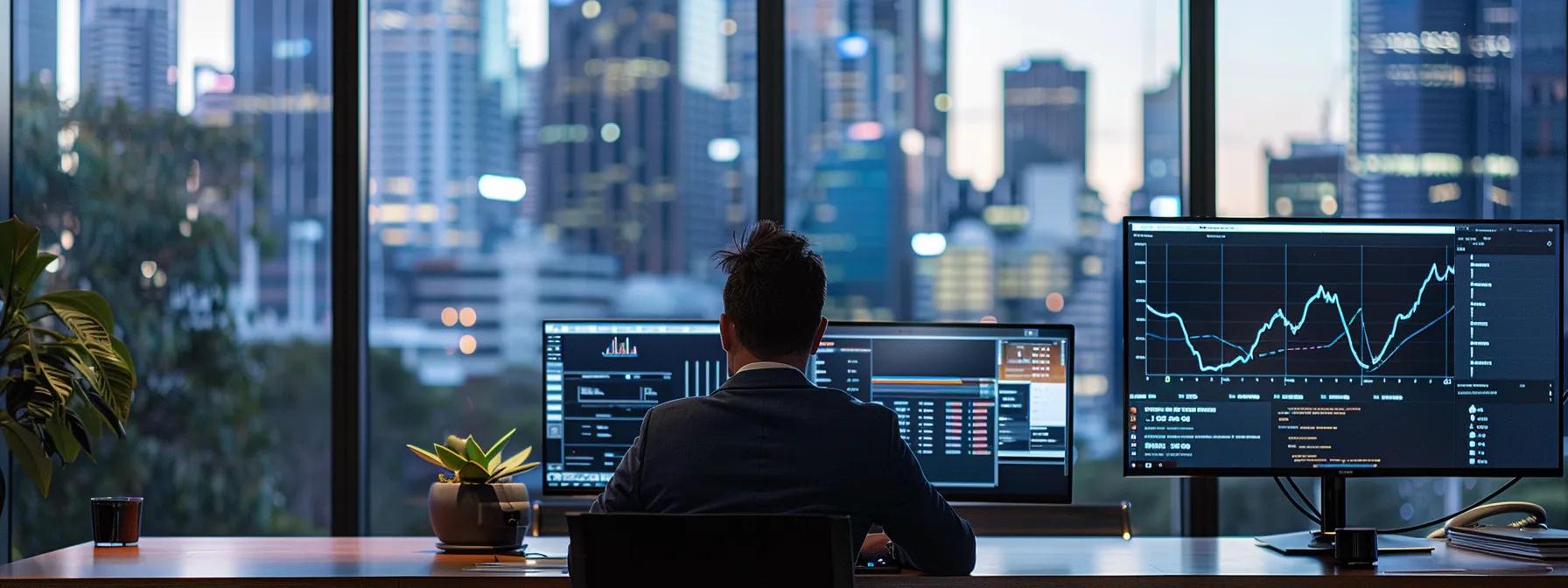 a sleek, modern office in sydney, featuring a thoughtful buyers agent deep in discussion with a client, surrounded by property listings and digital market data on a large screen, exemplifying the professional atmosphere of real estate transactions.