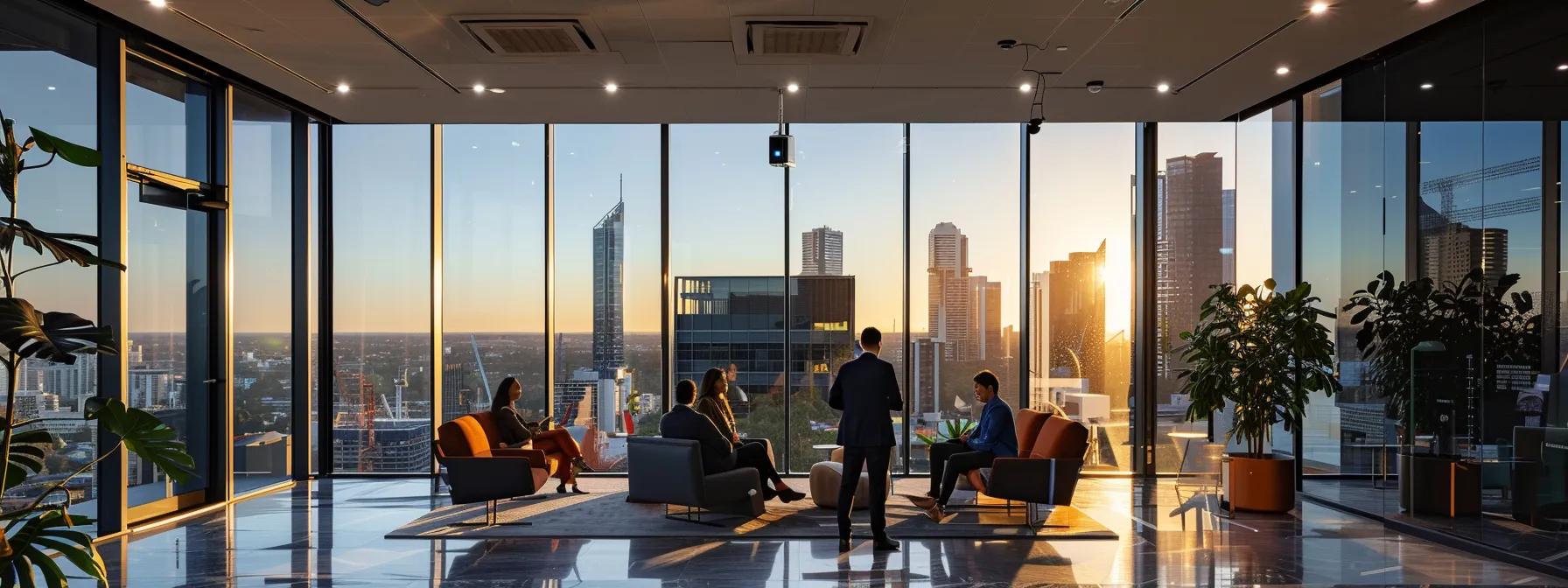 a sleek, modern office in melbourne showcases a focused buyers agent discussing tailored property options with a diverse group of clients, illuminated by contemporary lighting and featuring cityscape views through large windows.