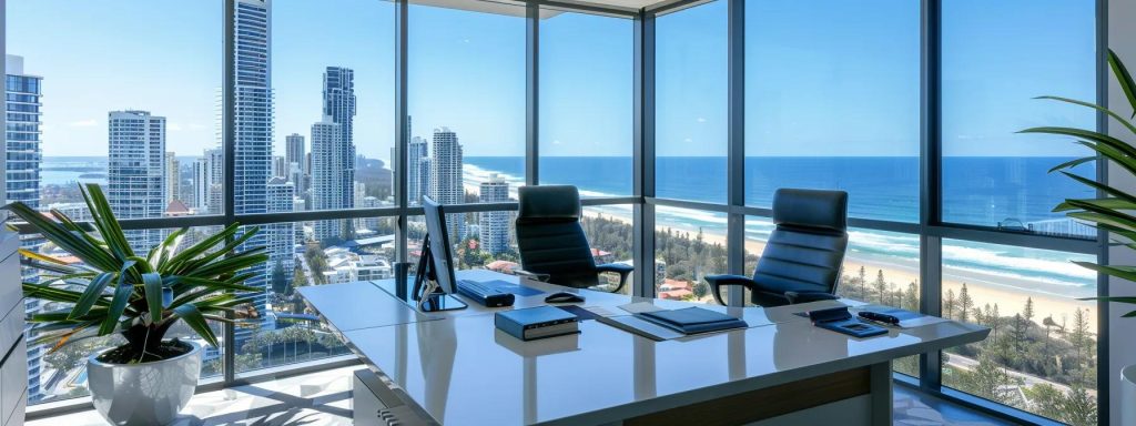 a sleek, modern office in the gold coast showcases a professional buyers agent discussing property options with clients, framed by a panoramic view of luxury homes and beachside units through large glass windows.