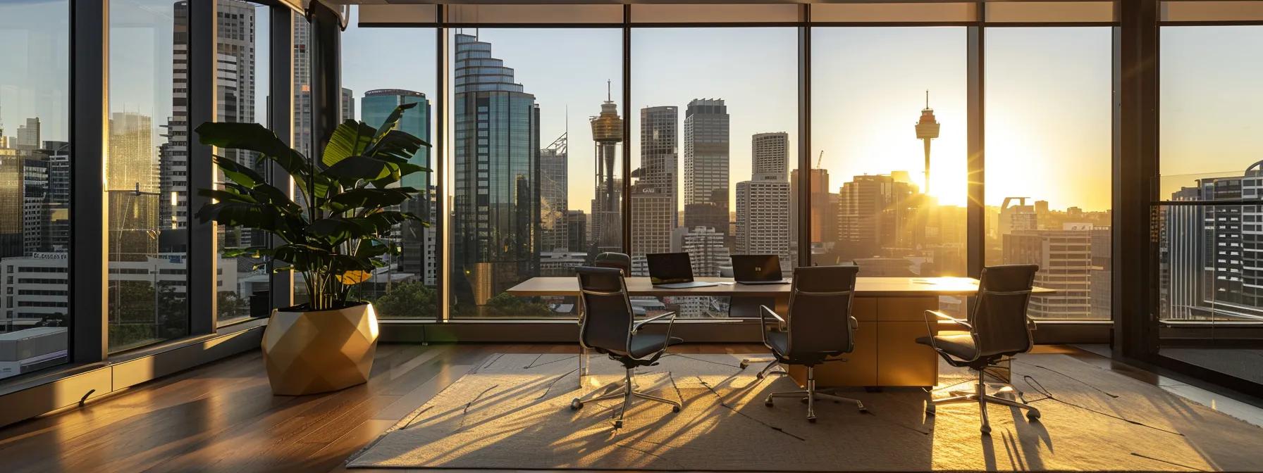 a sleek, modern office setting in sydney showcases a focused buyers agency consultation, with a city skyline visible through large windows, emphasising the strategic and professional guidance offered in navigating the competitive property market.