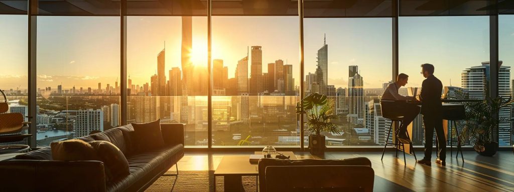 a sleek, modern office with a confident buyers agent discussing property investment strategies with clients, featuring large windows that showcase the brisbane city skyline in the background.