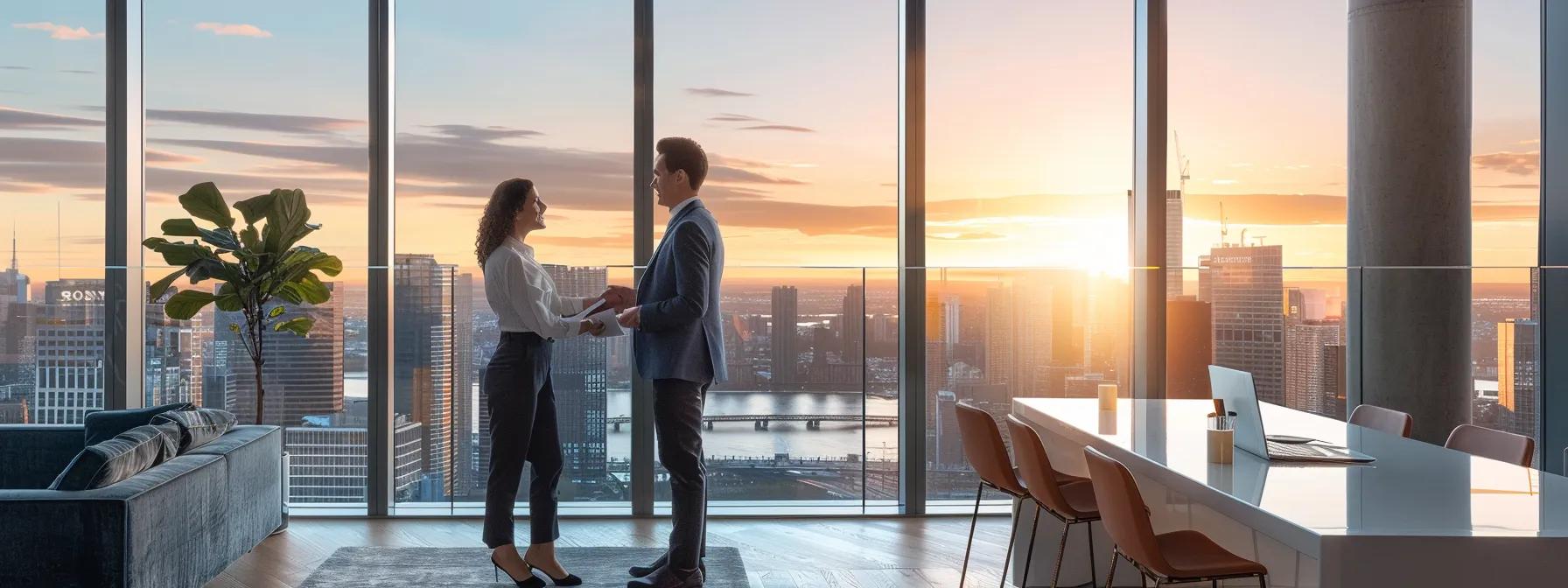 a sleek, modern office with a confident property agent engaging in a detailed discussion with prospective buyers over an expansive city skyline backdrop, showcasing professionalism and expertise in the real estate market.