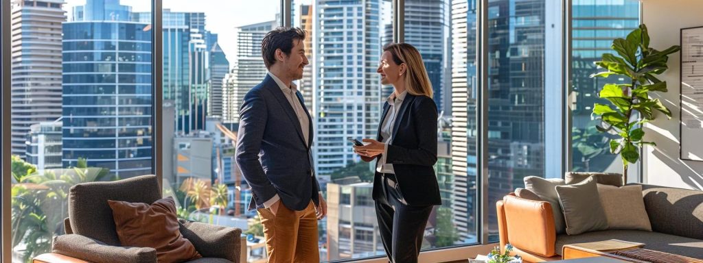 a sophisticated brisbane city office featuring a confident buyers agent discussing property options with a client, surrounded by modern decor and a panoramic view of the urban skyline.