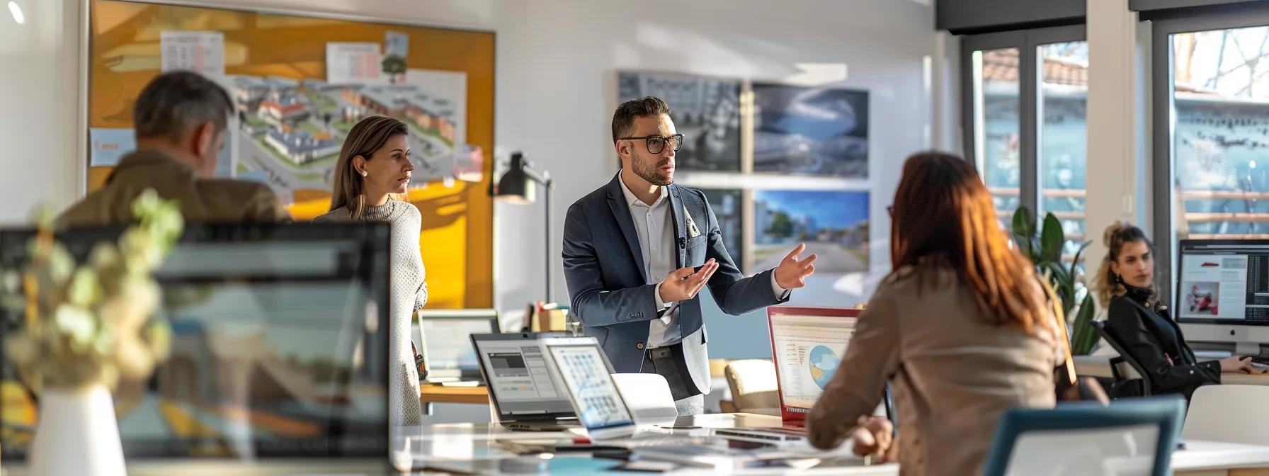 a sophisticated office environment features a knowledgeable buyers agent engaging confidently with a diverse group of clients, surrounded by various property brochures and digital screens showcasing an array of housing options beyond luxury listings.