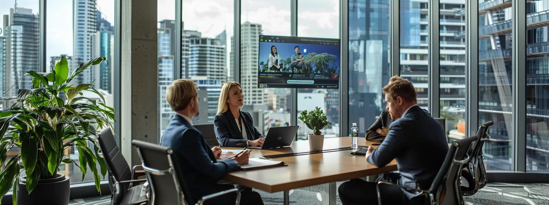 a dynamic office setting showcases a confident buyers agent engaging with clients at a sleek conference table, surrounded by vivid displays of market trends and property images, highlighting the strategic advantage of using a buyers agency in australia.