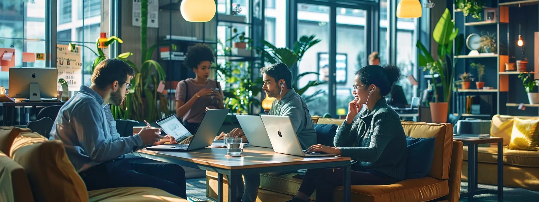 a modern, bustling office environment featuring a diverse group of professionals engaged in a collaborative discussion over laptops and property listings, highlighting the importance of teamwork in finding a buyer's agent in australia.