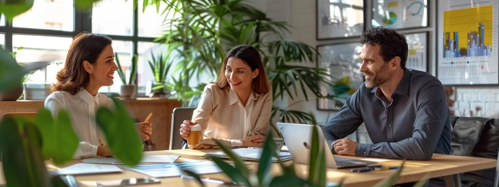 a modern office setting showcases a confident buyers agent engaging with clients over a sleek table, surrounded by insightful property charts and digital technology, emphasising professionalism and expertise in finding the perfect home.