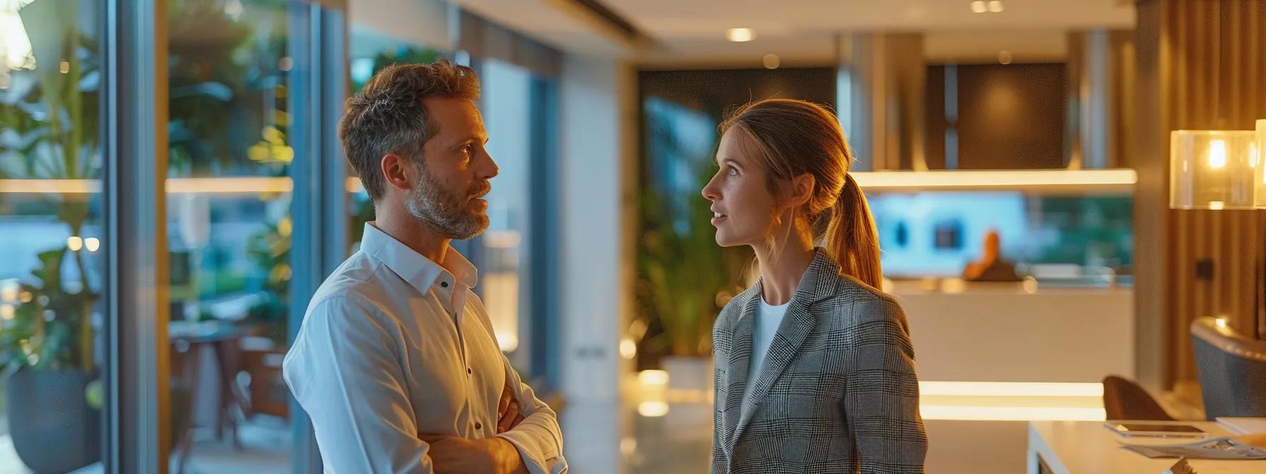 a professional buyers agent confidently discusses real estate strategies with a client in a sleek, modern office, illuminated by dynamic lighting that enhances the atmosphere of expertise and collaboration.