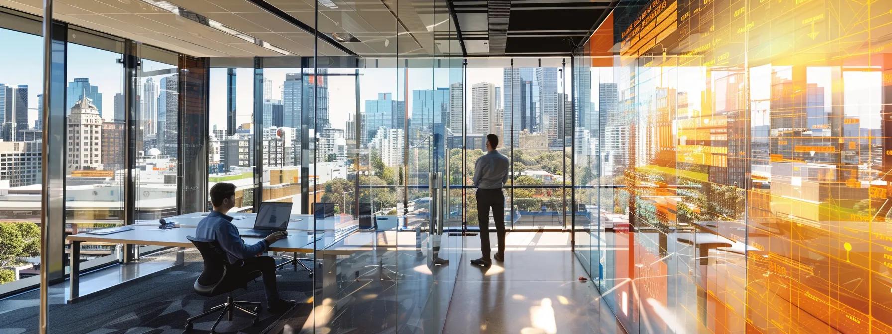 a sharply focused interior of a modern melbourne office, showcasing a confident buyers agent analysing property data on a sleek digital tablet while high-resolution cityscape visuals of undervalued properties and growth areas light up the backdrop.