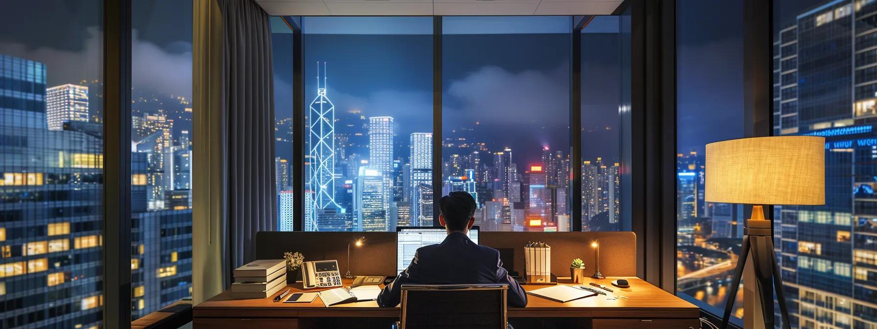 a sleek, modern office space with a confident property investor reviewing financial documents and charts on a laptop, illuminated by warm artificial lighting, showcasing a large city skyline through panoramic windows.