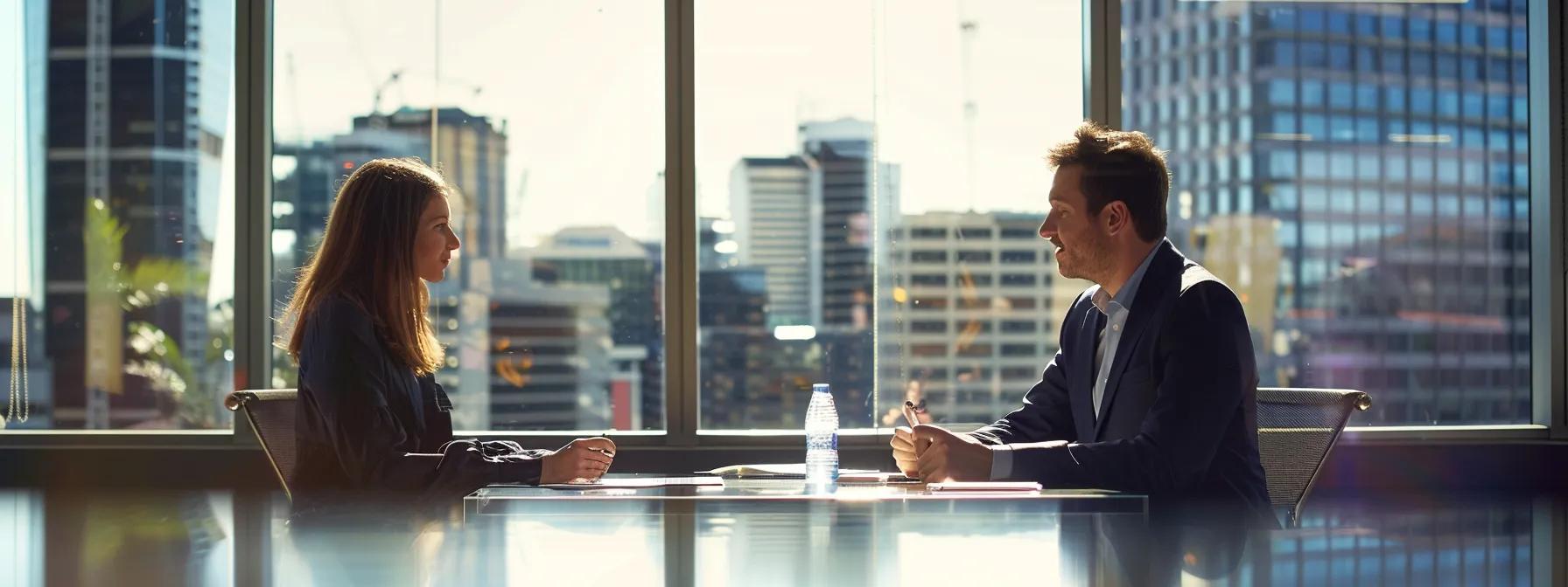 a sophisticated office setting showcases a thoughtful buyers agent consulting with a client over a sleek conference table, surrounded by digital property listings and financial charts, highlighting the multifaceted costs and fees of hiring a buyers agent in brisbane.