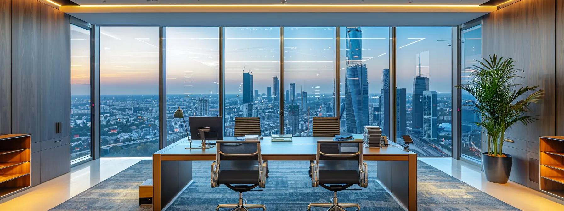 a sophisticated office space showcases a sleek table adorned with high-quality property brochures, each highlighting diverse investment options such as luxury apartments, modern townhouses, and commercial sites, illuminated by bright strip lighting and framed by large cityscape views through expansive windows.