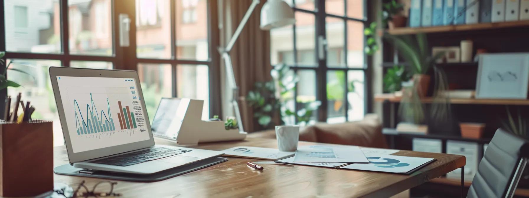 a sophisticated urban office space features a modern desk adorned with market analysis charts and graphs on a sleek laptop, capturing the dynamic interplay of rising property prices and demand for coastal real estate in byron bay.