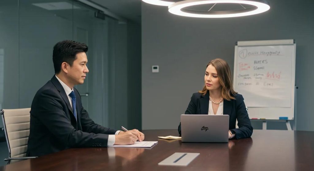 a sleek, modern office setting showcases a focused real estate agent, conversing with a professional buyers agent at a polished conference table, illuminated by bright overhead lighting, highlighting the contrast between their distinct roles in property transactions.