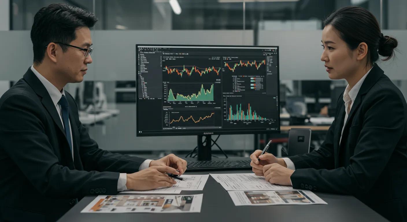 a sleek, modern office scene featuring a focused buyers' agent engaged in a detailed discussion with a client, surrounded by property portfolios and high-resolution market analysis data displayed on a large computer screen.