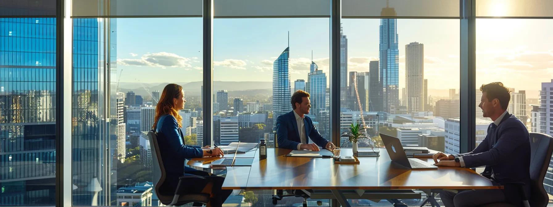 a sophisticated office environment where a confident buyer’s agent discusses property investment strategies with a discerning client, highlighting a modern city skyline through large windows, creating a sense of professionalism and opportunity.