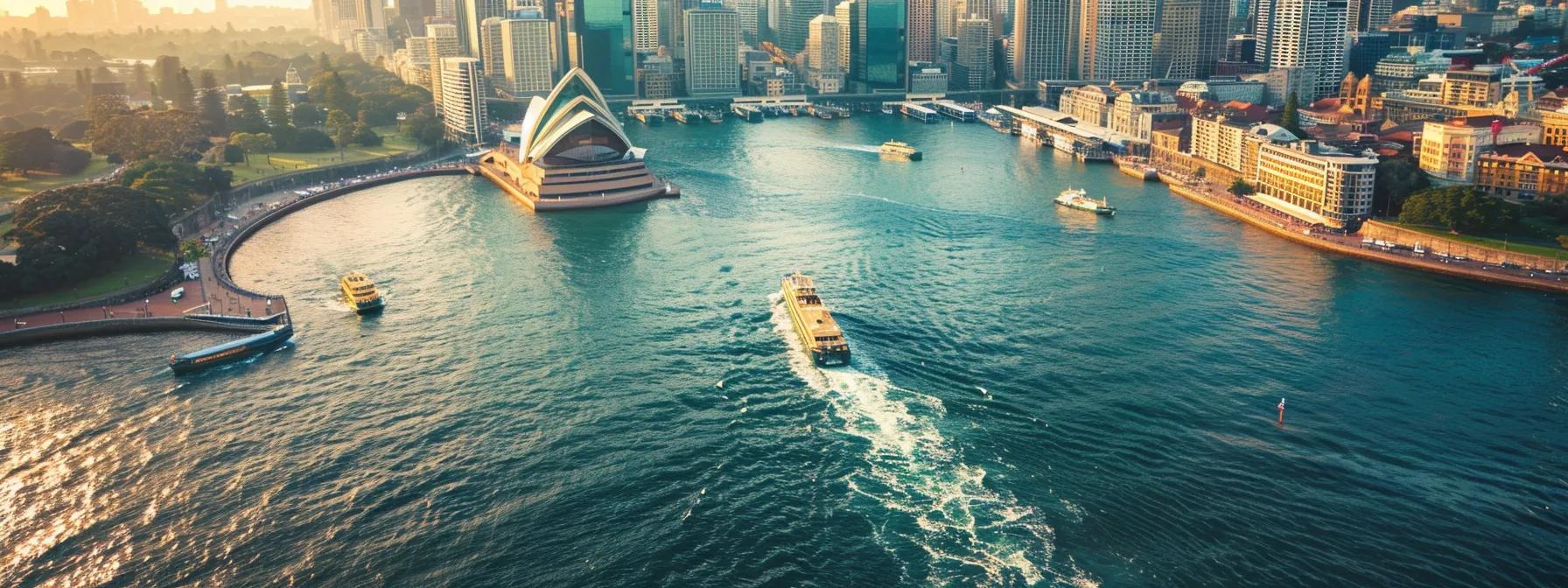Sydney Harbour view featuring the iconic Sydney Opera House, city skyline, boats on water, and lush green waterfront parks.