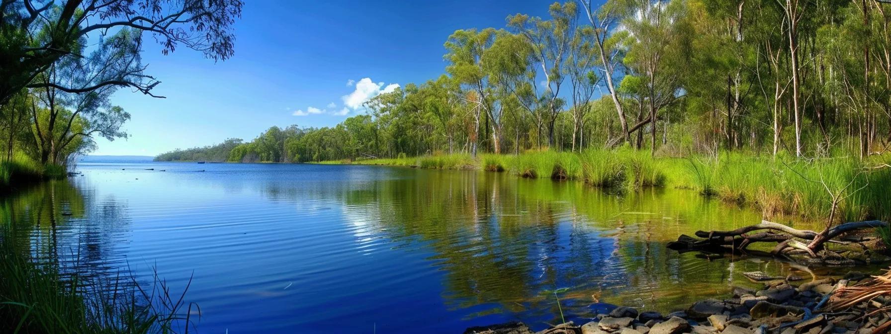 Scenic view of a tranquil river in Queensland, surrounded by lush greenery and trees, reflecting the importance of natural landscapes in property considerations.