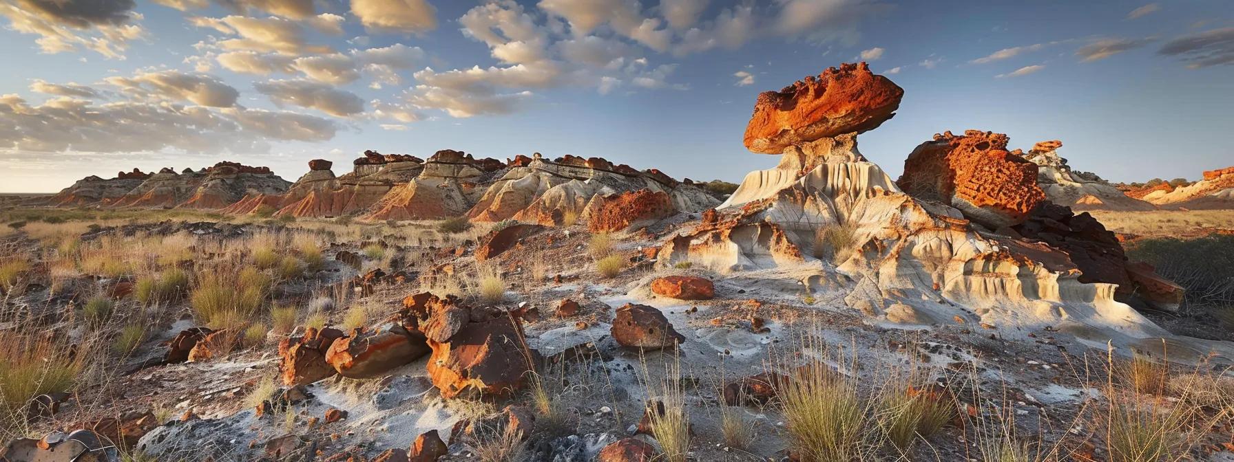 Rocky landscape in Western Australia featuring unique geological formations, with red and white hues, under a cloudy sky, illustrating the natural beauty relevant to property investment considerations.