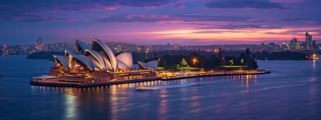 Sydney Opera House illuminated at dusk, with vibrant sunset sky and reflections on water, showcasing iconic Australian architecture and city skyline.