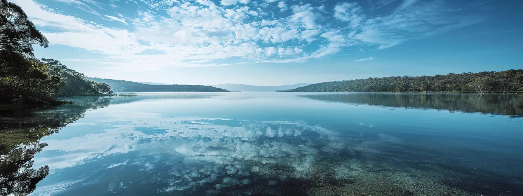 Scenic view of a tranquil lake reflecting the sky and surrounding greenery, illustrating the natural beauty of New South Wales, relevant to property buying considerations.