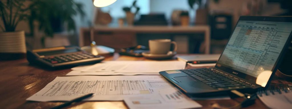 Desk with a laptop displaying property investment spreadsheets, calculator, paperwork, and a coffee cup, reflecting the financial analysis involved in property buying.