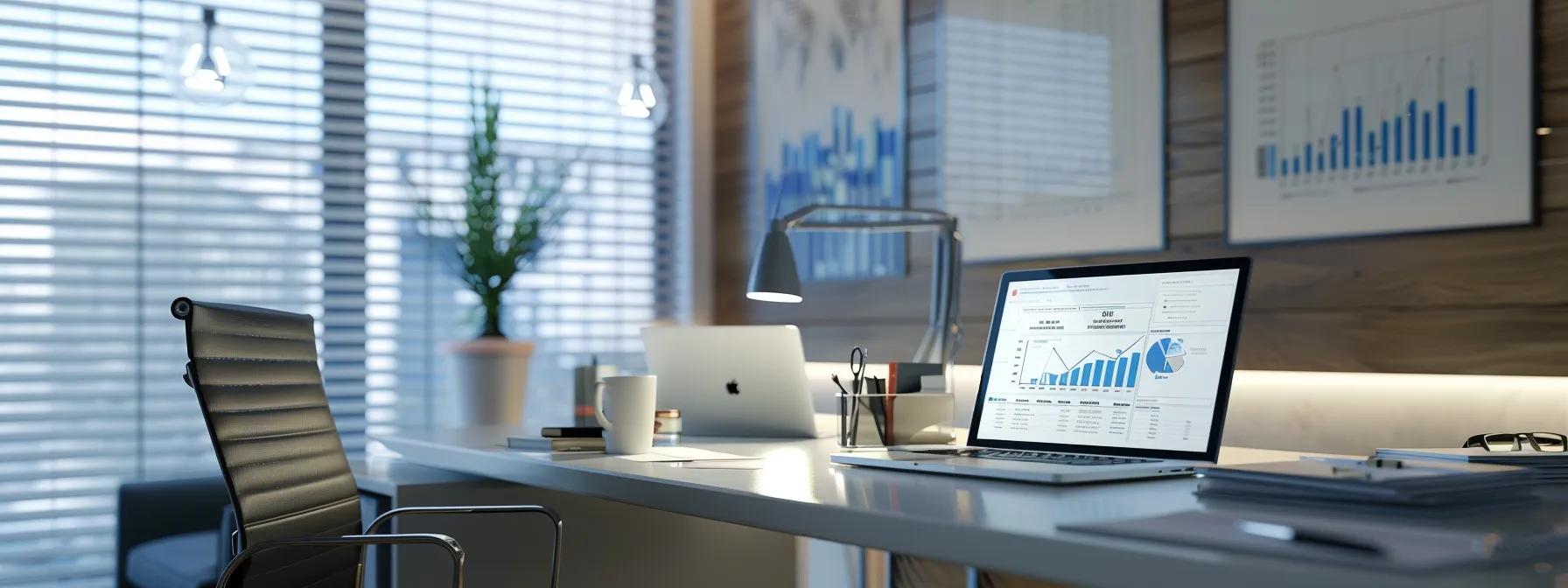 a modern office environment featuring a sleek desk with organised paperwork, a laptop displaying financial charts, and a wall-mounted document holder showcasing legal documents, emphasising the significance of conveyancing fees in managing investment properties for tax purposes.