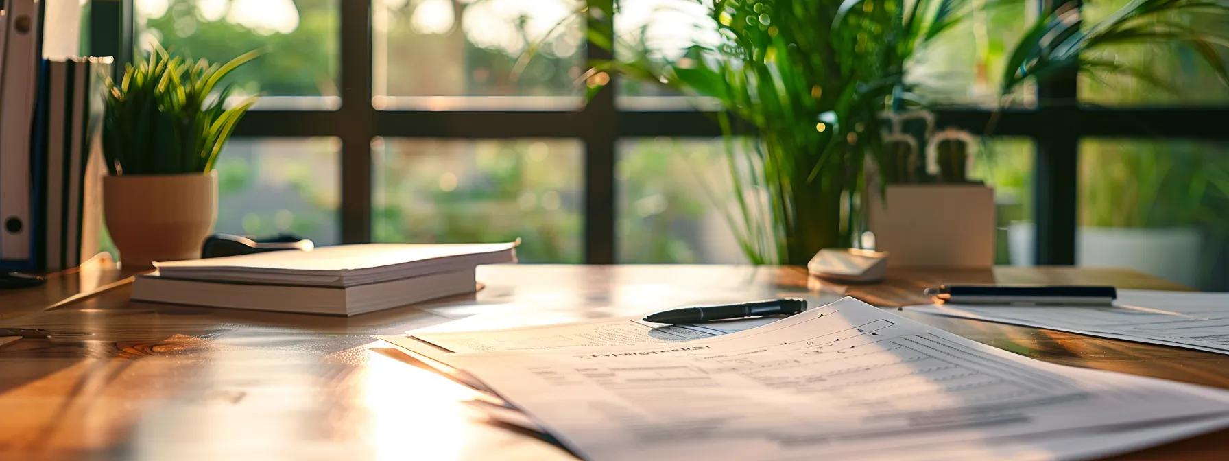 a polished office environment features a modern desk adorned with neatly arranged documents, highlighting an open tax return form alongside invoices and receipts, all under sharp, focused lighting to convey the importance of meticulous financial documentation for claiming conveyancing fees.
