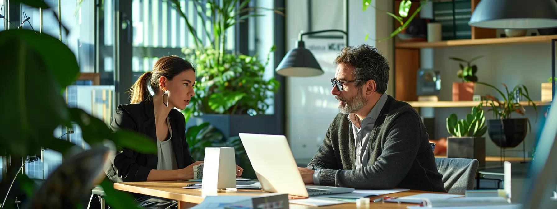 a sharply-focused office scene captures a mortgage consultant discussing detailed fee structures with a prospective homebuyer, surrounded by sleek documents and a modern laptop, embodying the intricacies of property purchasing in victoria.