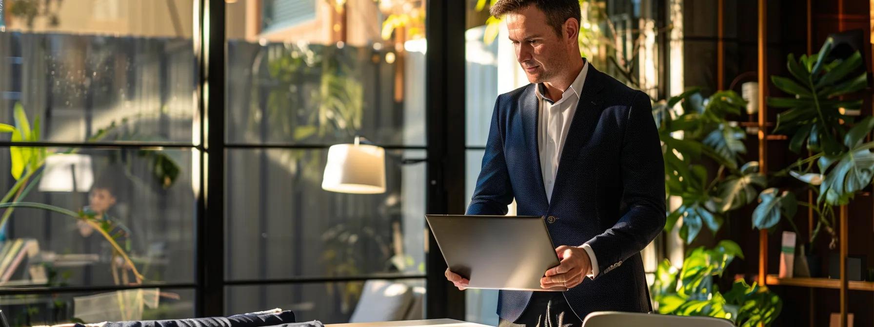 a sharply dressed buyers agent stands confidently in a modern office, reviewing property listings on a sleek laptop while a potential client observes intently, highlighting the professional services offered in the property market in victoria.