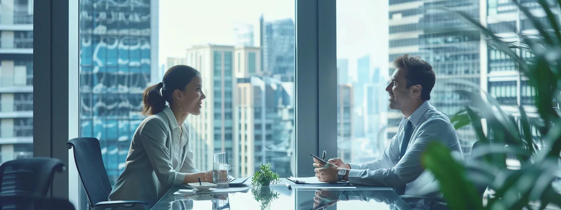 Professional consultation between a man and woman in a modern office setting, discussing property investment strategies with a city skyline view.