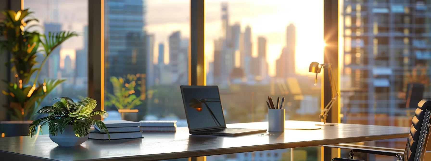 Sleek modern office space with a laptop, stationery, and potted plants, featuring large windows showcasing a city skyline at sunset, reflecting a professional environment relevant to property buying guidance in Queensland.